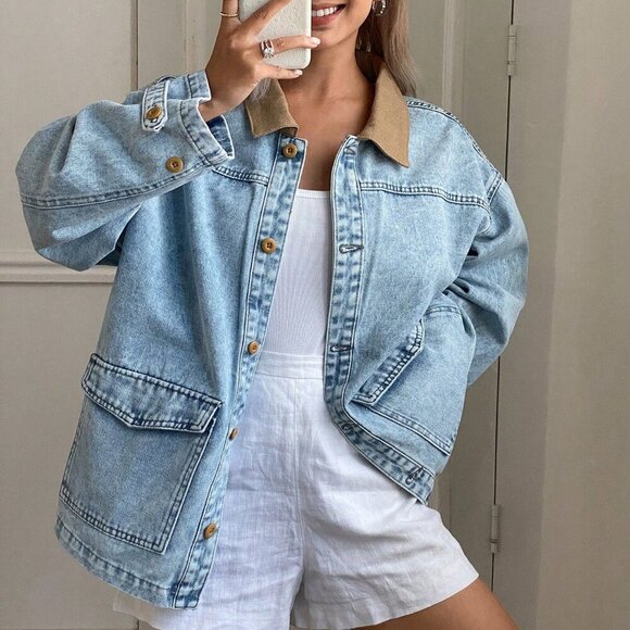 Medium Wash Casual Women's Contrast Color Collar Denim Jacket - Picture 2 of 6